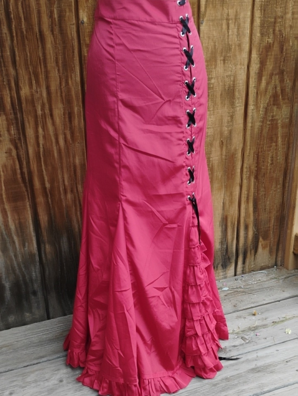 Gothic Corset Vintage Red Lace-Up Ruffle Maxi Skirt
